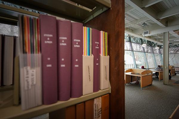 Library shelves and books